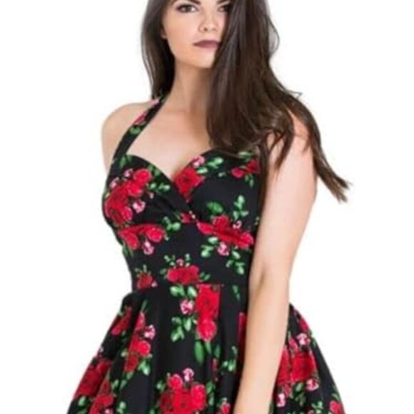 X-Small NWT Hell Bunny Cannes Retro Gothic Floral Rose Holiday Halter Dress - Picture 5 of 9